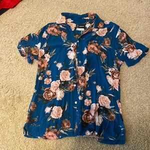 Mens Casual Button Down Shirt With Blue Floral Design